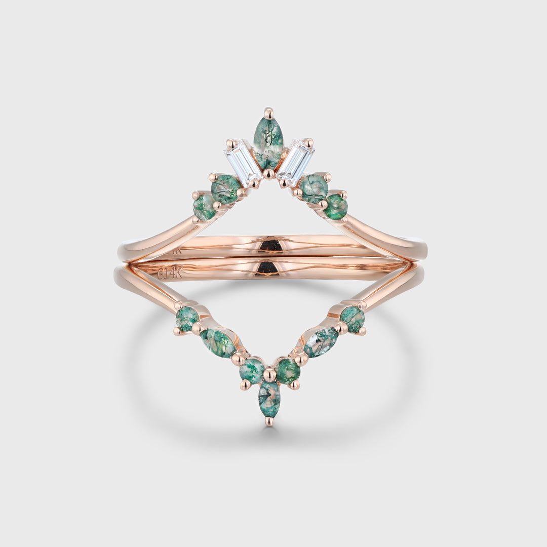 Double Moss Agate | Diamond Curved Wedding Band Matching Engagement ring
