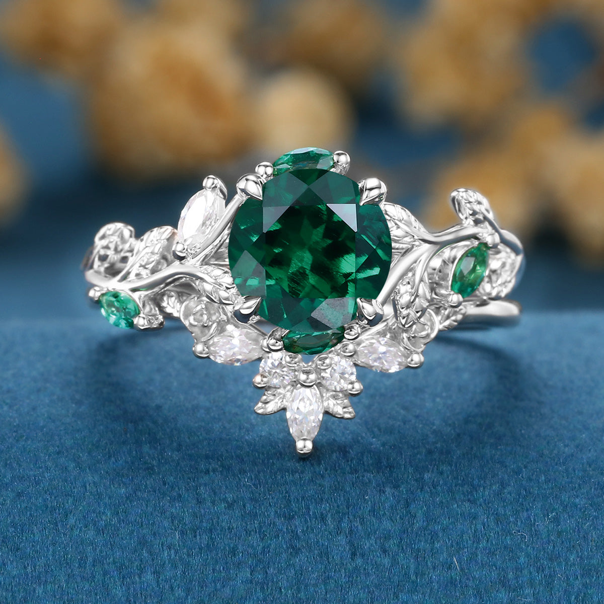 Vintage Round cut Lab Emerald Wedding Bridal set