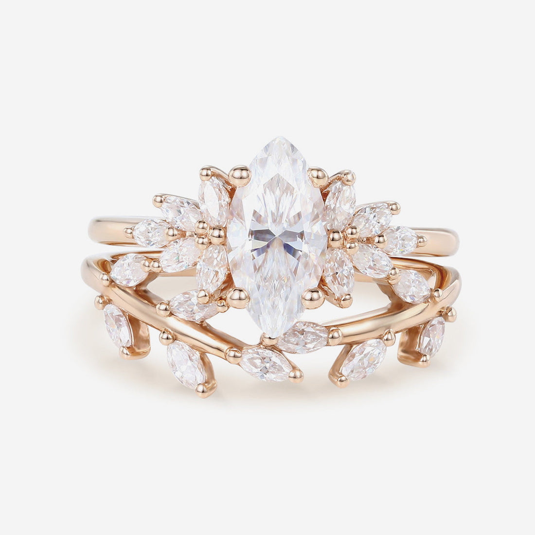 1.0Carat Marquise cut Moissanite Engagement Ring Cluster Diamonds Rose Gold Wedding Bridal Set