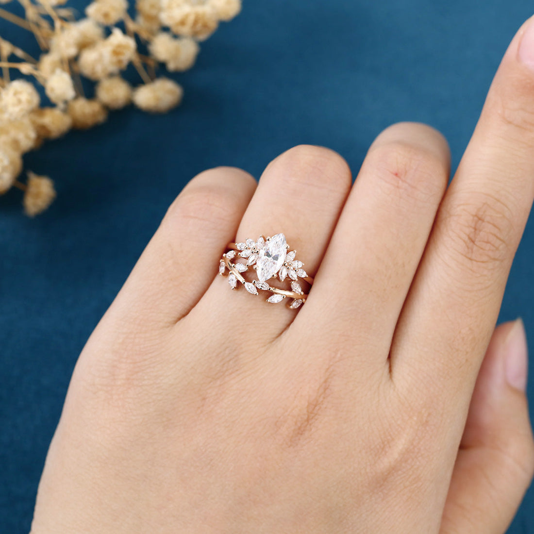 1.0Carat Marquise cut Moissanite Engagement Ring Cluster Diamonds Rose Gold Wedding Bridal Set