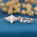 1.0Carat Marquise cut Moissanite Engagement Ring Cluster Diamonds Rose Gold Wedding Bridal Set