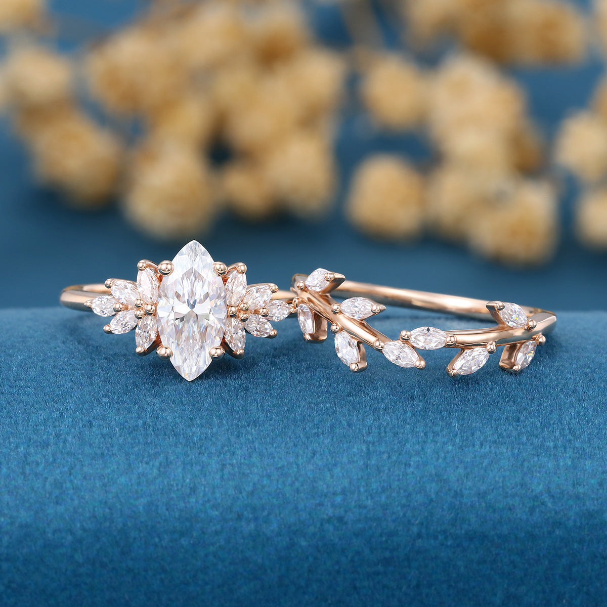 1.0Carat Marquise cut Moissanite Engagement Ring Cluster Diamonds Rose Gold Wedding Bridal Set