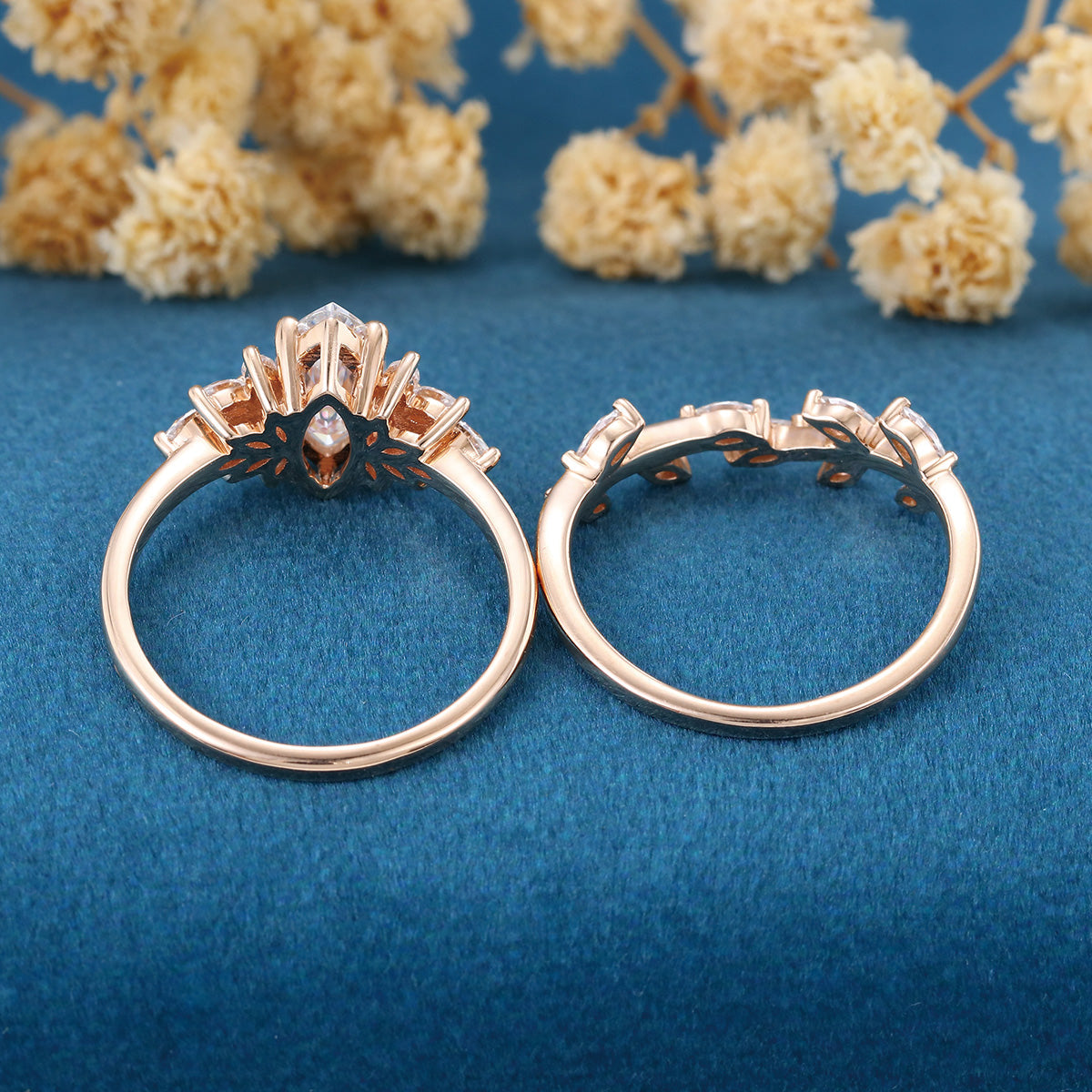 1.0Carat Marquise cut Moissanite Engagement Ring Cluster Diamonds Rose Gold Wedding Bridal Set