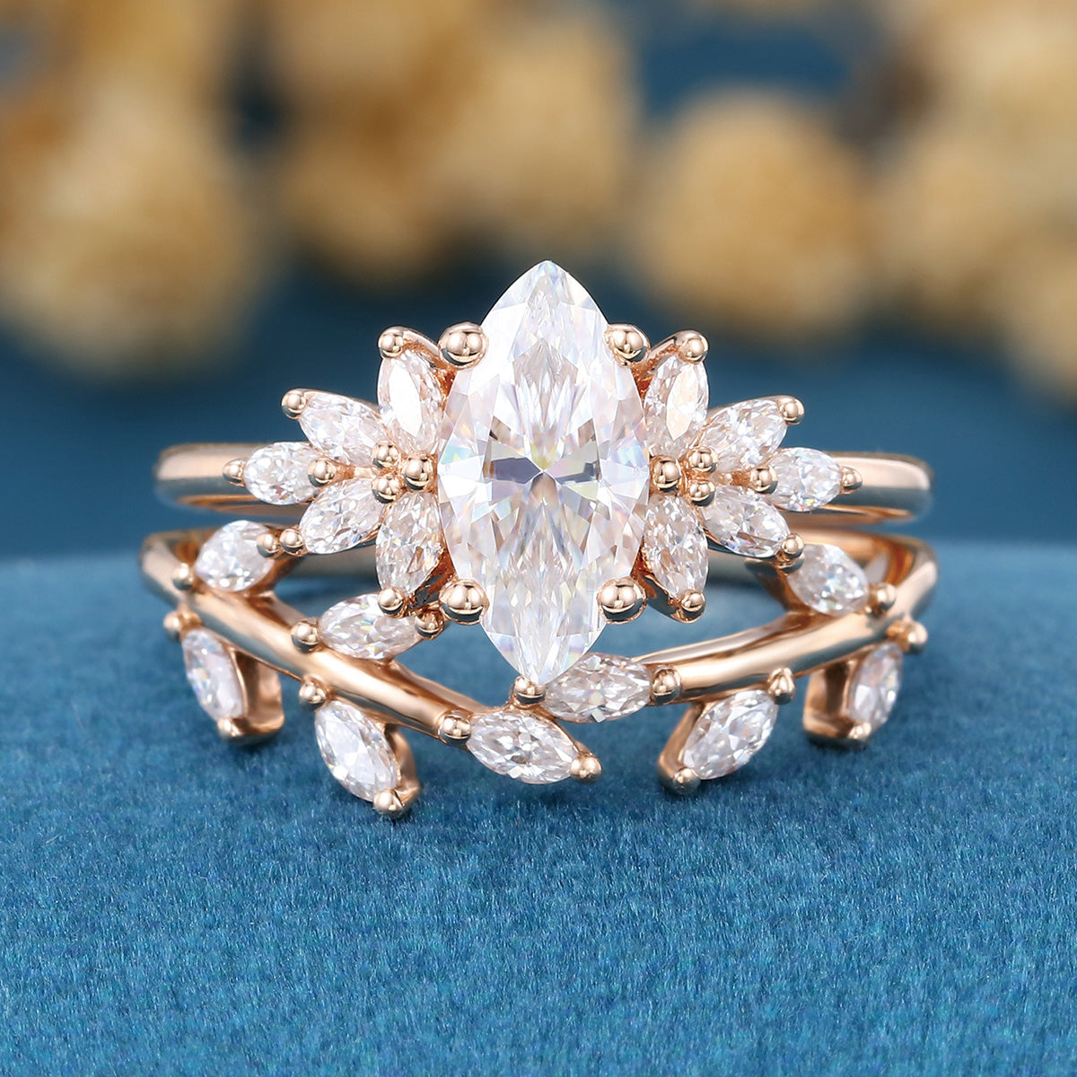 1.0Carat Marquise cut Moissanite Engagement Ring Cluster Diamonds Rose Gold Wedding Bridal Set