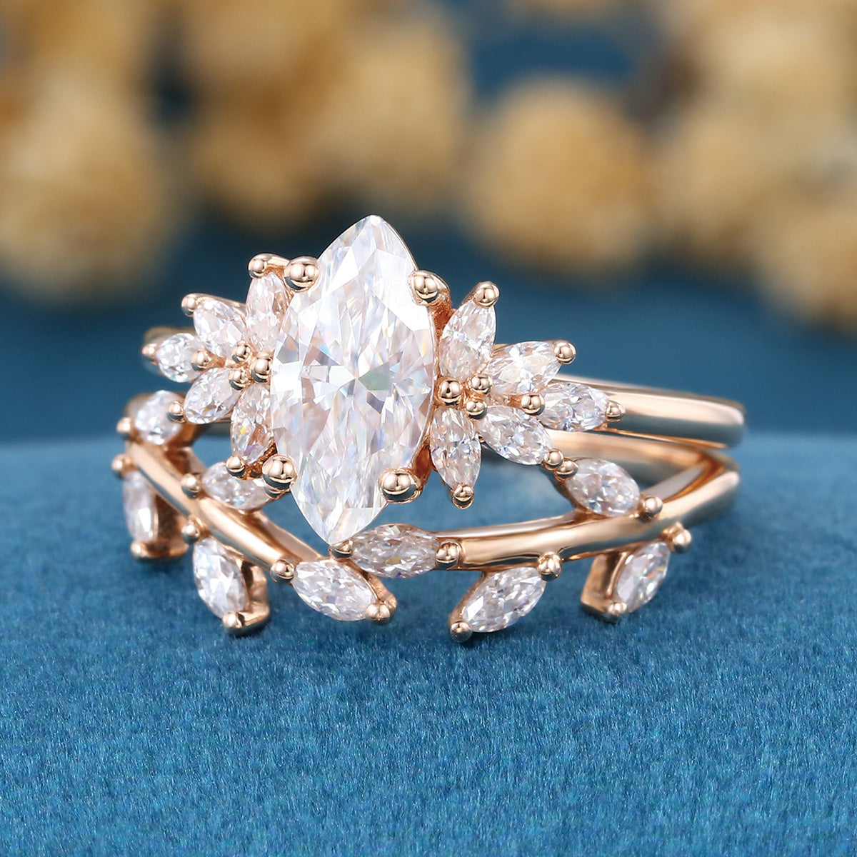 1.0Carat Marquise cut Moissanite Engagement Ring Cluster Diamonds Rose Gold Wedding Bridal Set