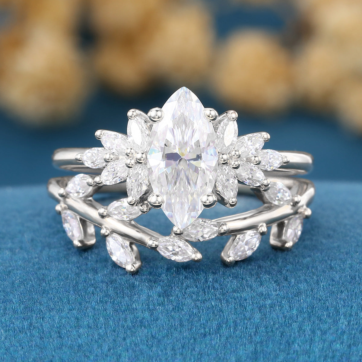 1.0Carat Marquise cut Moissanite Engagement Ring Cluster Diamonds Rose Gold Wedding Bridal Set