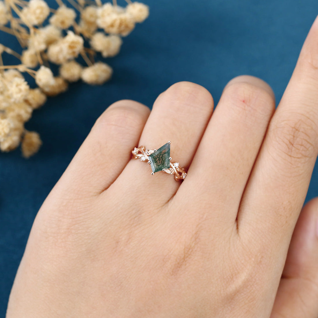 Kite Cut Natural Green Moss Agate Cluster Engagement Ring (Copy)