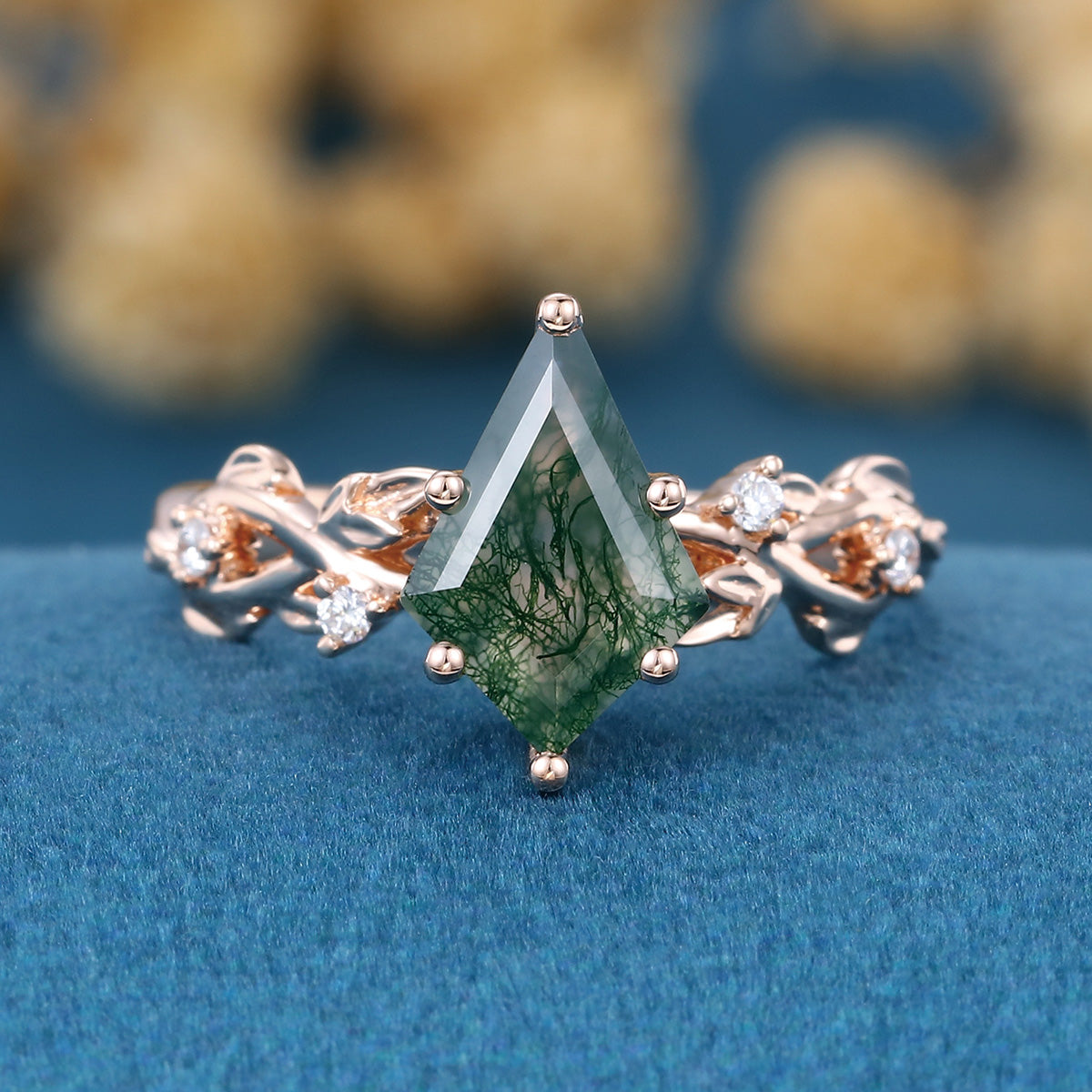 Kite Cut Natural Green Moss Agate Cluster Engagement Ring (Copy)