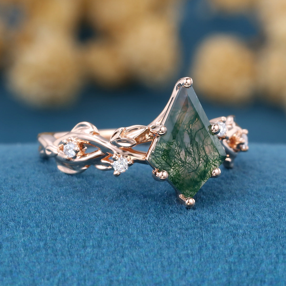 Kite Cut Natural Green Moss Agate Cluster Engagement Ring (Copy)