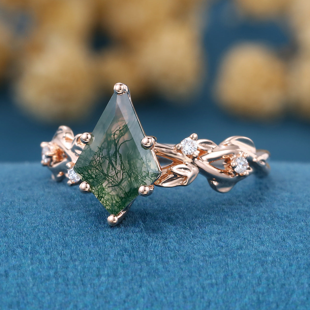 Kite Cut Natural Green Moss Agate Cluster Engagement Ring (Copy)