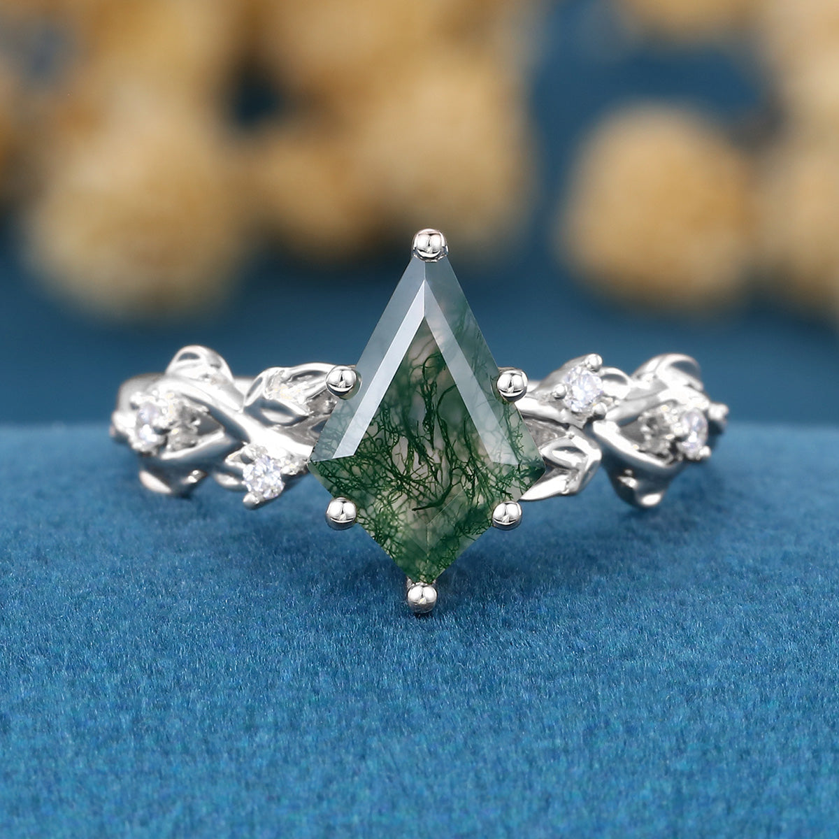 Kite Cut Natural Green Moss Agate Cluster Engagement Ring (Copy)