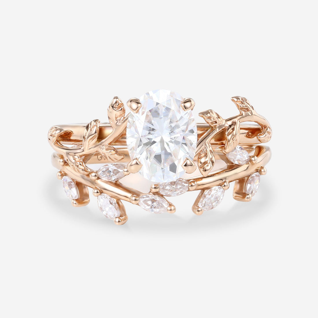 1.2Carat Oval cut Moissanite Leaf Diamonds Rose Gold Wedding Bridal Set