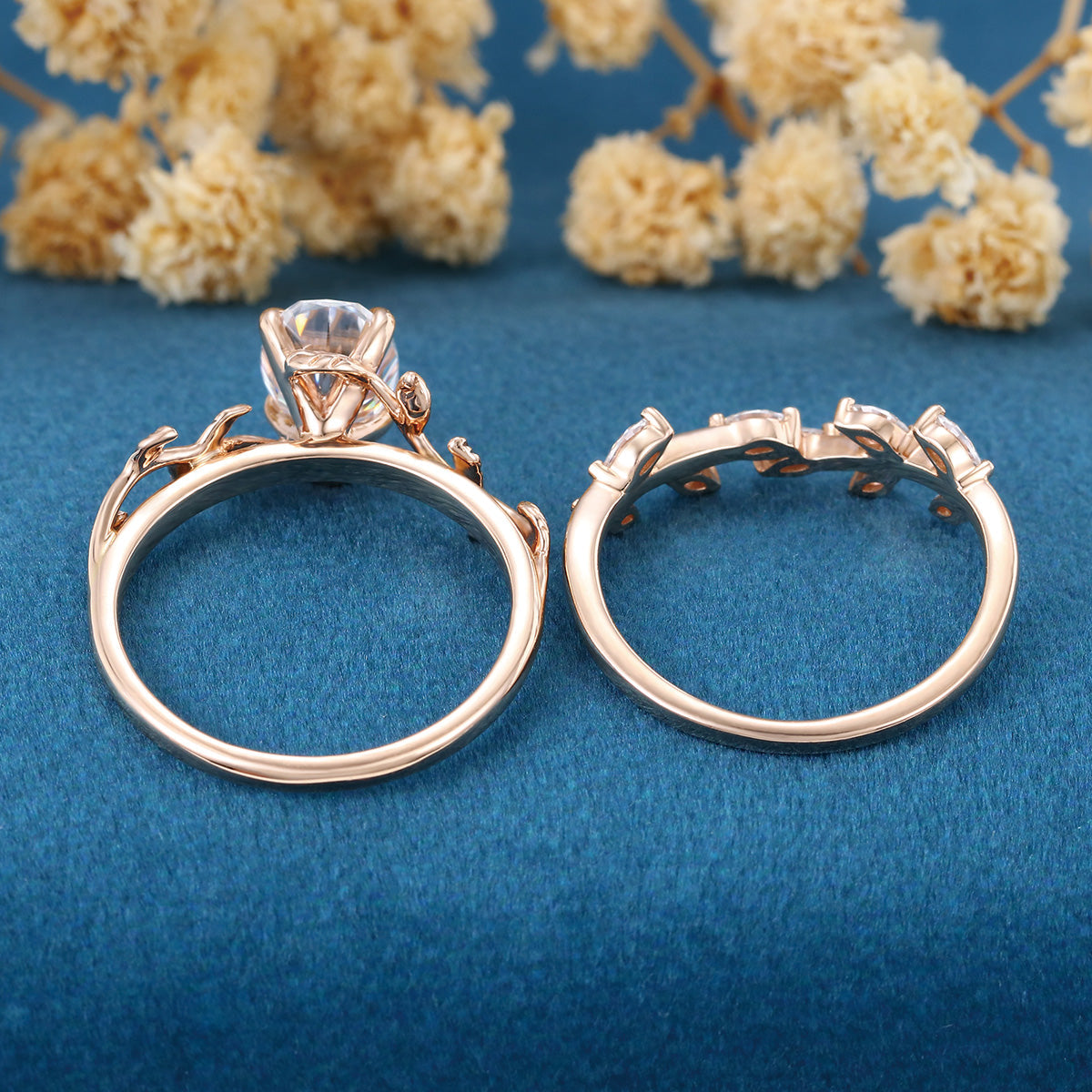 1.2Carat Oval cut Moissanite Leaf Diamonds Rose Gold Wedding Bridal Set