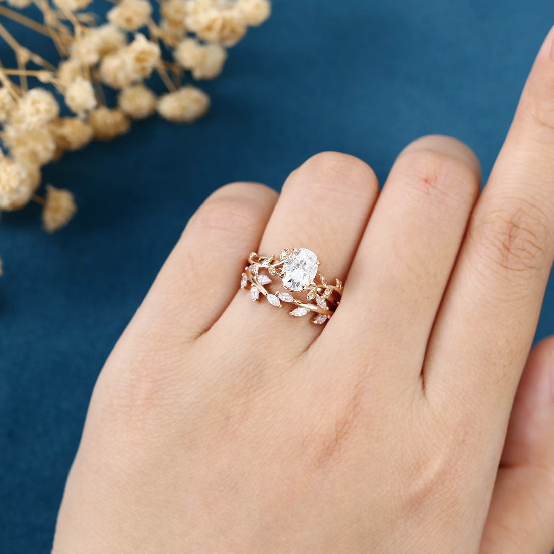 1.2Carat Oval cut Moissanite Leaf Diamonds Rose Gold Wedding Bridal Set