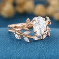 1.2Carat Oval cut Moissanite Leaf Diamonds Rose Gold Wedding Bridal Set