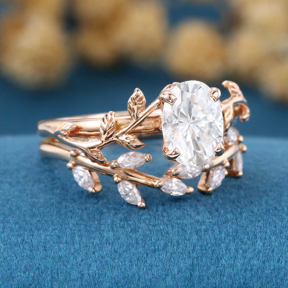 1.2Carat Oval cut Moissanite Leaf Diamonds Rose Gold Wedding Bridal Set