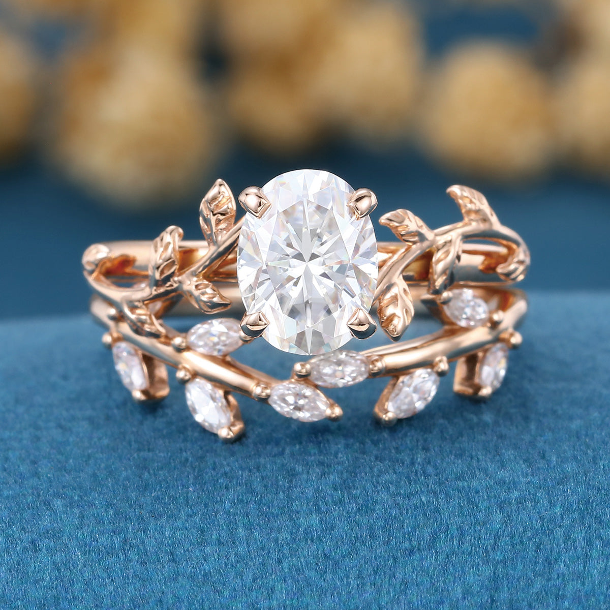1.2Carat Oval cut Moissanite Leaf Diamonds Rose Gold Wedding Bridal Set