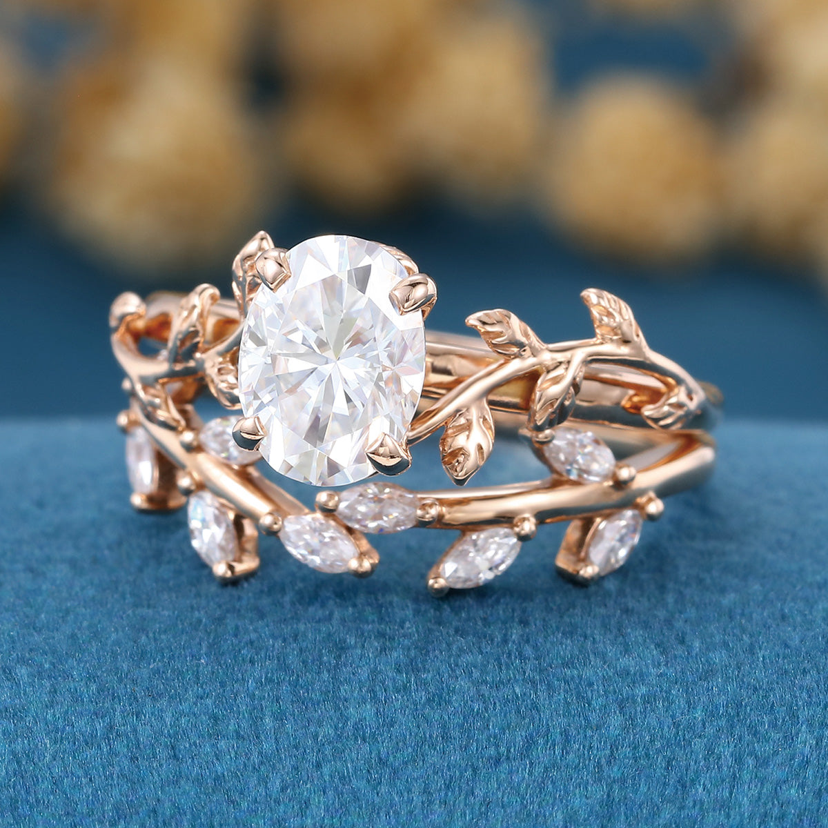 1.2Carat Oval cut Moissanite Leaf Diamonds Rose Gold Wedding Bridal Set