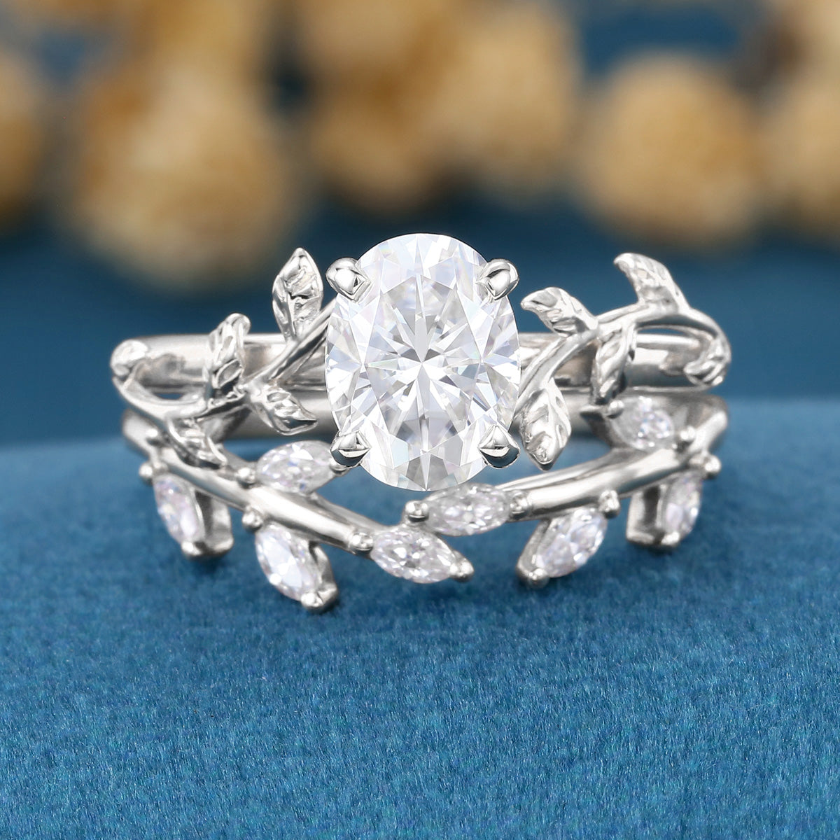 1.2Carat Oval cut Moissanite Leaf Diamonds Rose Gold Wedding Bridal Set