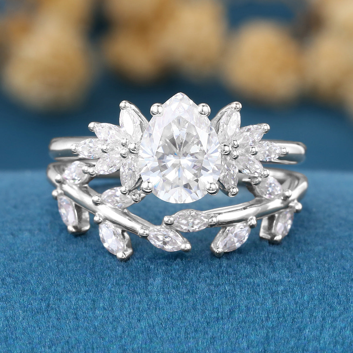 1.2Carat Pear cut Moissanite Engagement Ring Cluster Diamonds Rose Gold Wedding Bridal Set