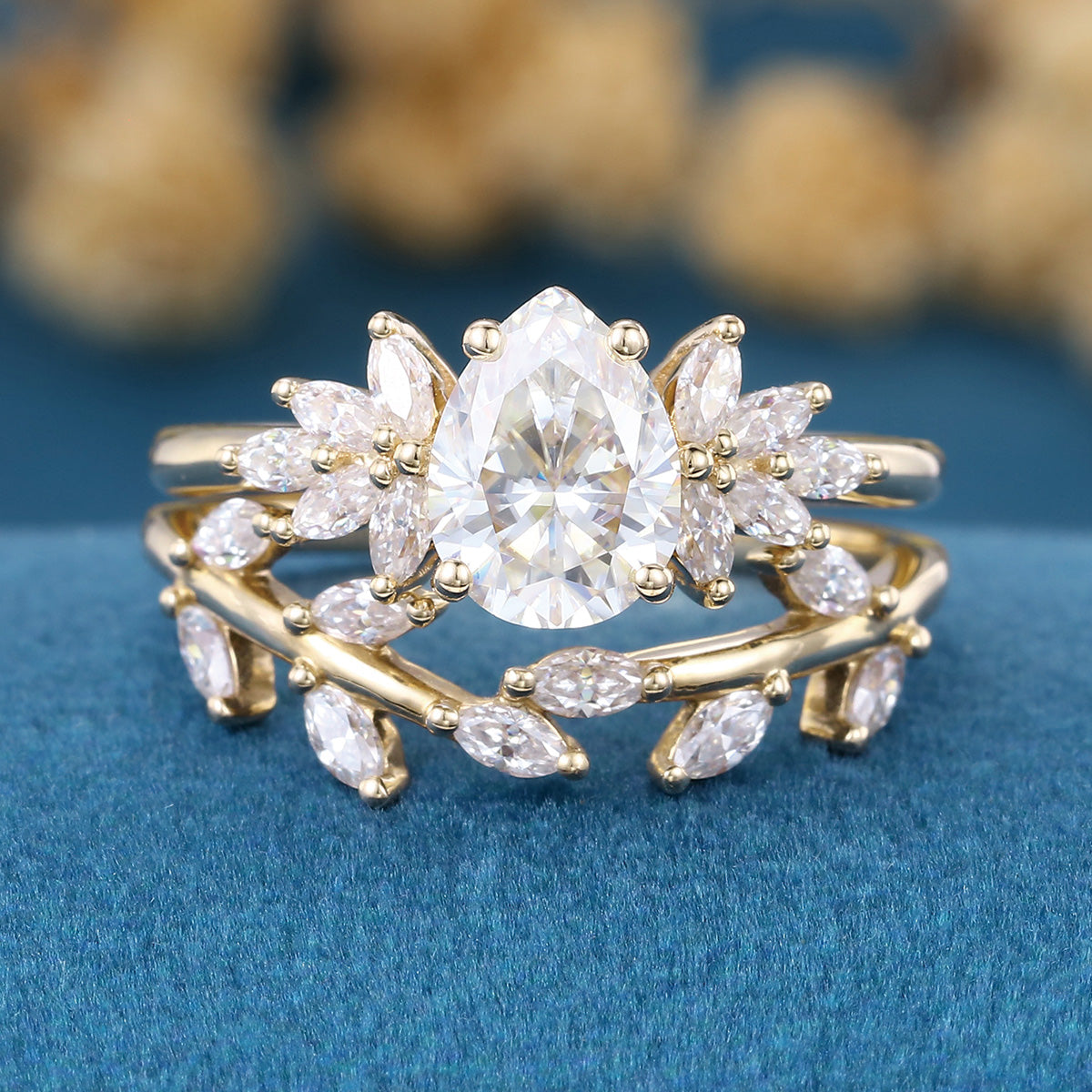 1.2Carat Pear cut Moissanite Engagement Ring Cluster Diamonds Rose Gold Wedding Bridal Set