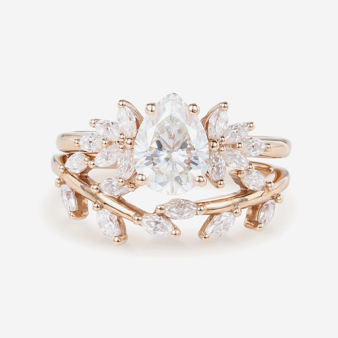 1.2Carat Pear cut Moissanite Engagement Ring Cluster Diamonds Rose Gold Wedding Bridal Set