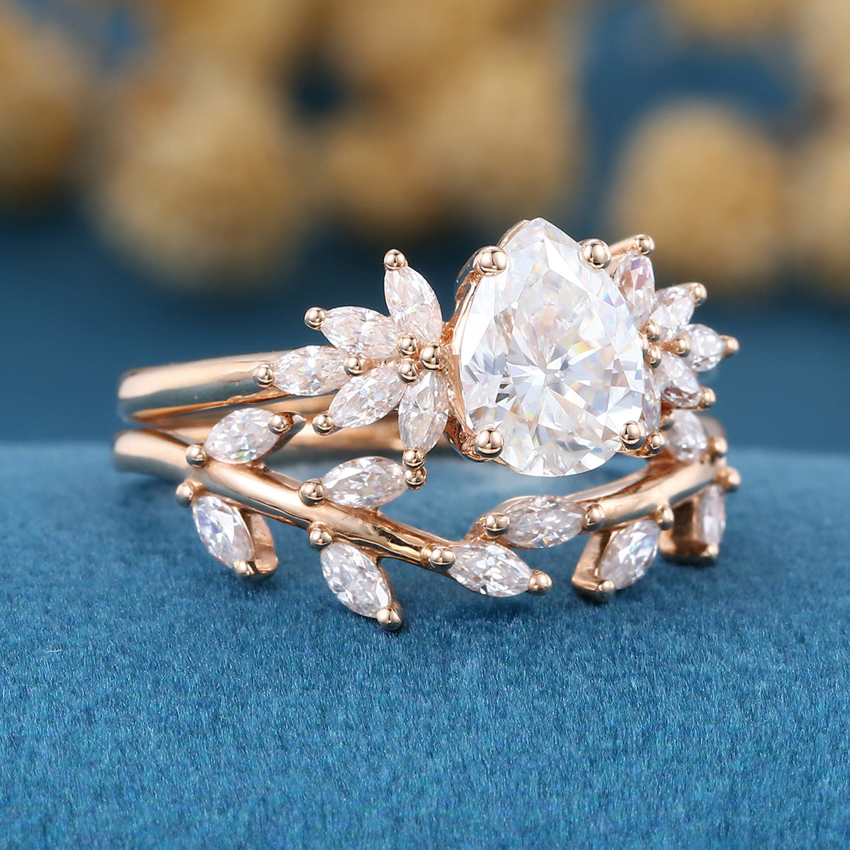 1.2Carat Pear cut Moissanite Engagement Ring Cluster Diamonds Rose Gold Wedding Bridal Set