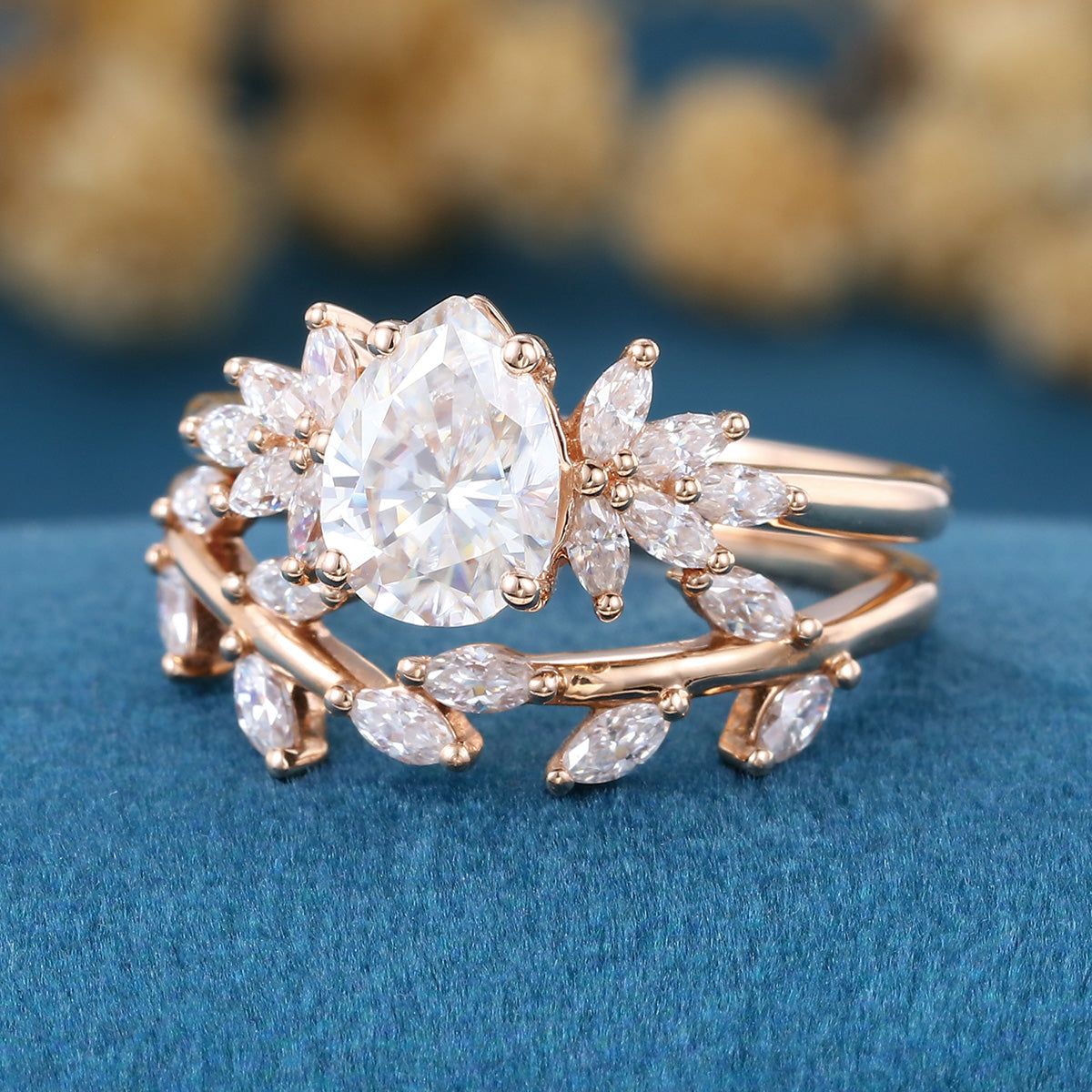 1.2Carat Pear cut Moissanite Engagement Ring Cluster Diamonds Rose Gold Wedding Bridal Set