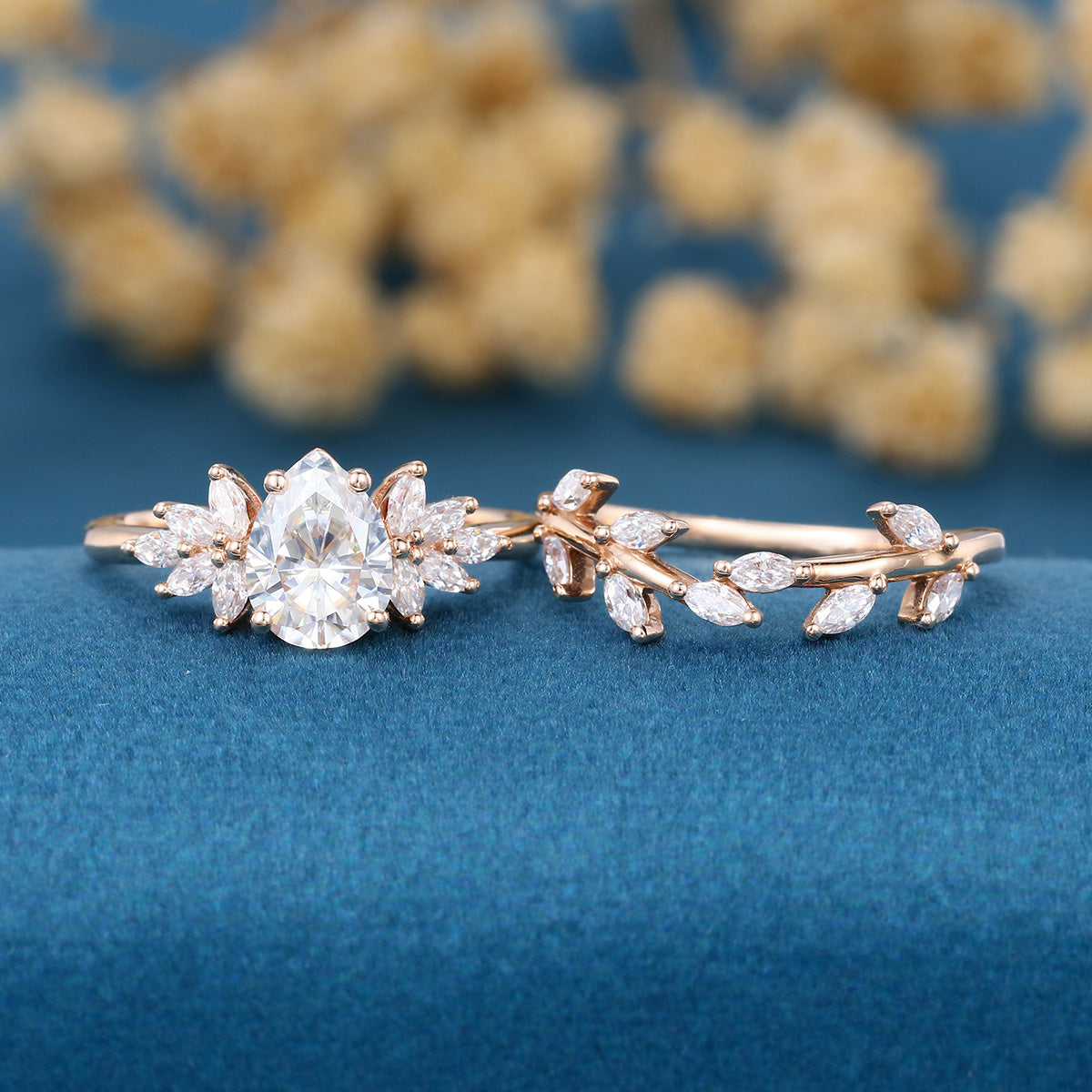 1.2Carat Pear cut Moissanite Engagement Ring Cluster Diamonds Rose Gold Wedding Bridal Set