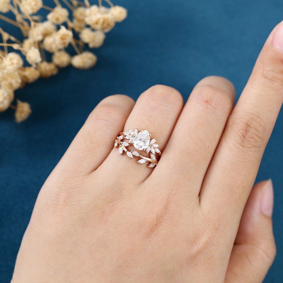 1.2Carat Pear cut Moissanite Engagement Ring Cluster Diamonds Rose Gold Wedding Bridal Set