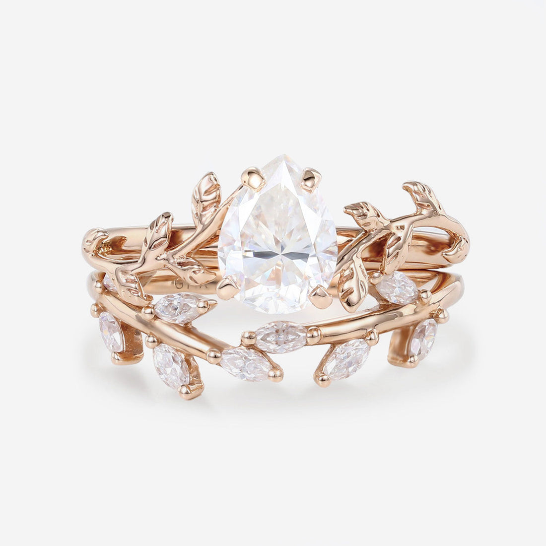1.2Carat Pear cut Moissanite Leaf Diamonds Rose Gold Wedding Bridal Set