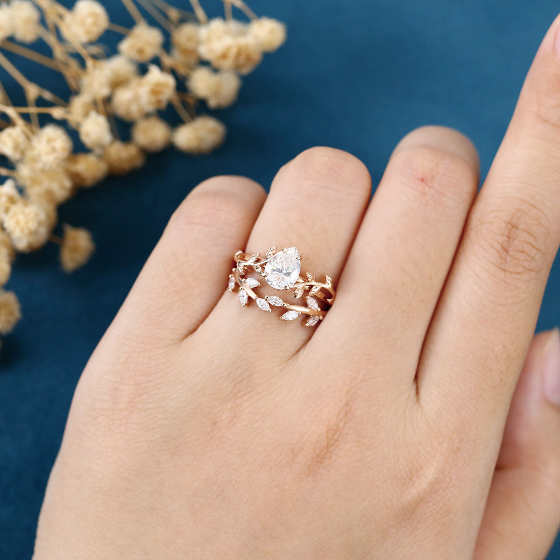 1.2Carat Pear cut Moissanite Leaf Diamonds Rose Gold Wedding Bridal Set