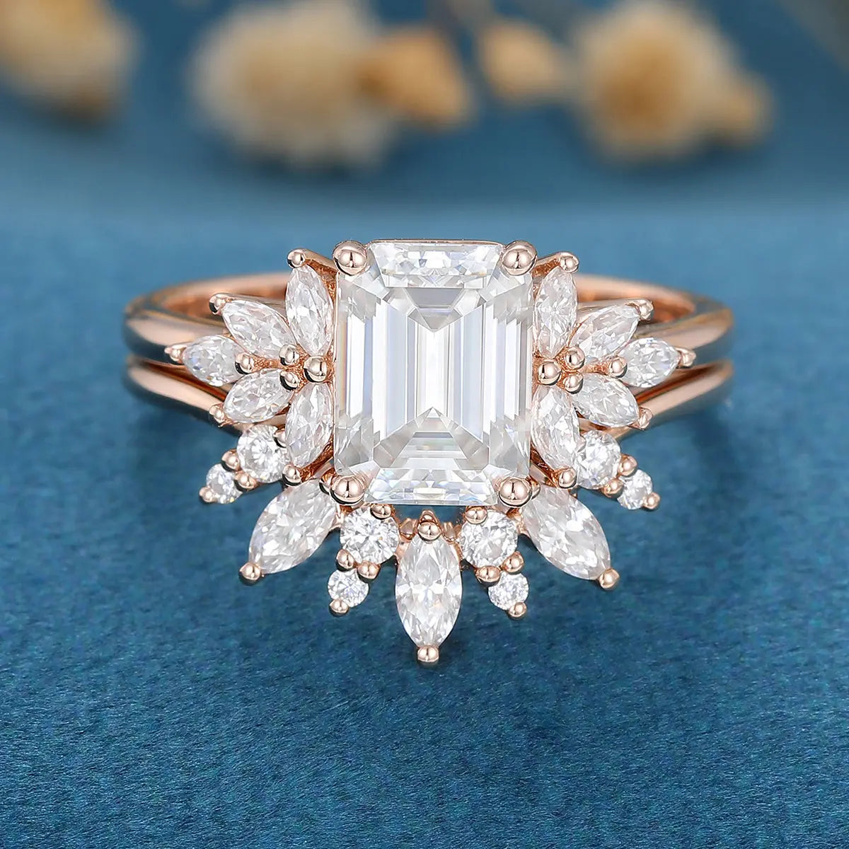 1.6 Carat Vintage Emerald cut Moissanite Cluster Engagement Ring Set