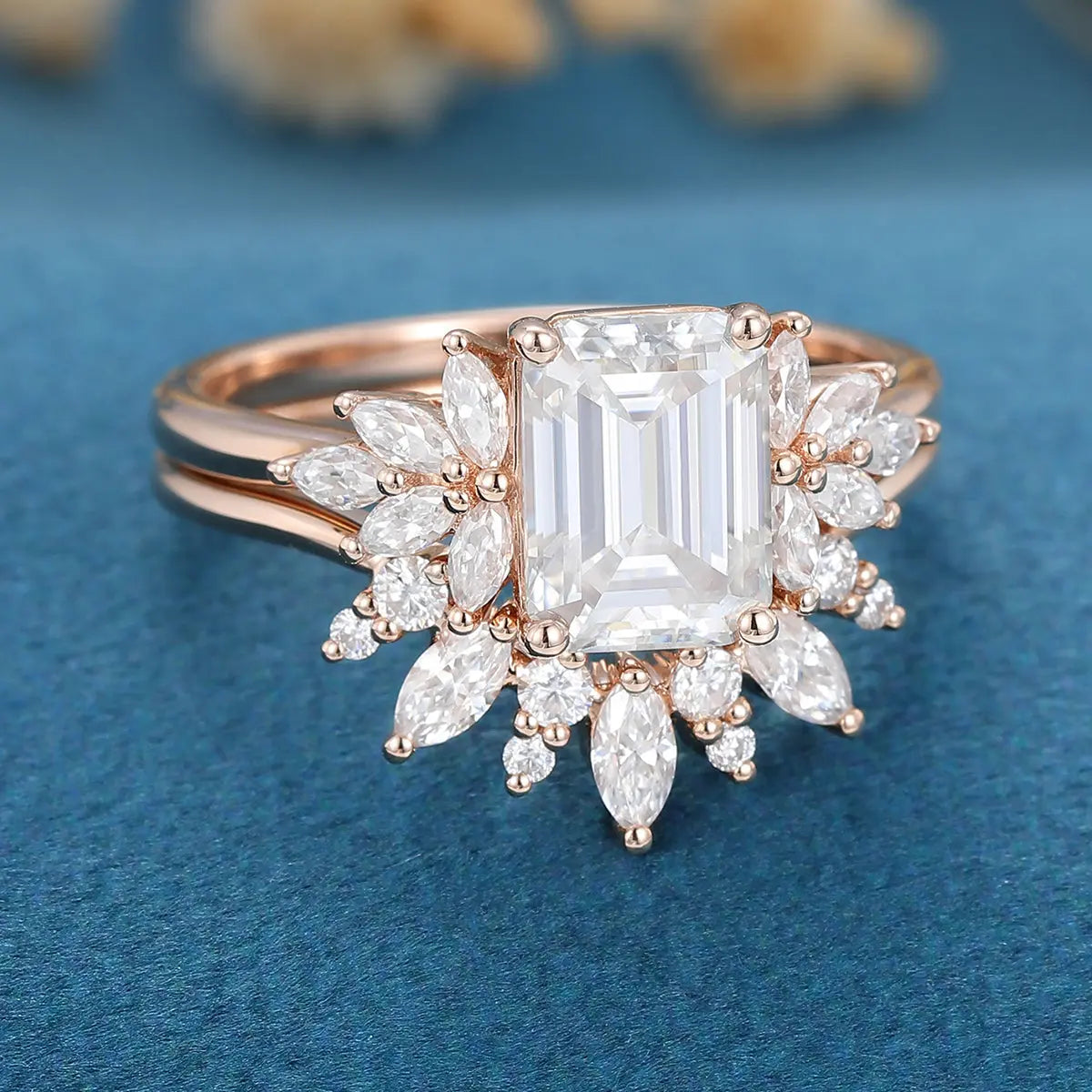 1.6 Carat Vintage Emerald cut Moissanite Cluster Engagement Ring Set