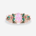 Oval cut Lab Pink Opal + Moss agate Rose Gold Wedding Bridal Set