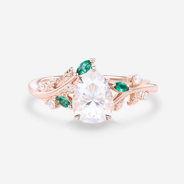 Pear cut Moissanite Engagement ring + Lab Emerald Engagement Ring