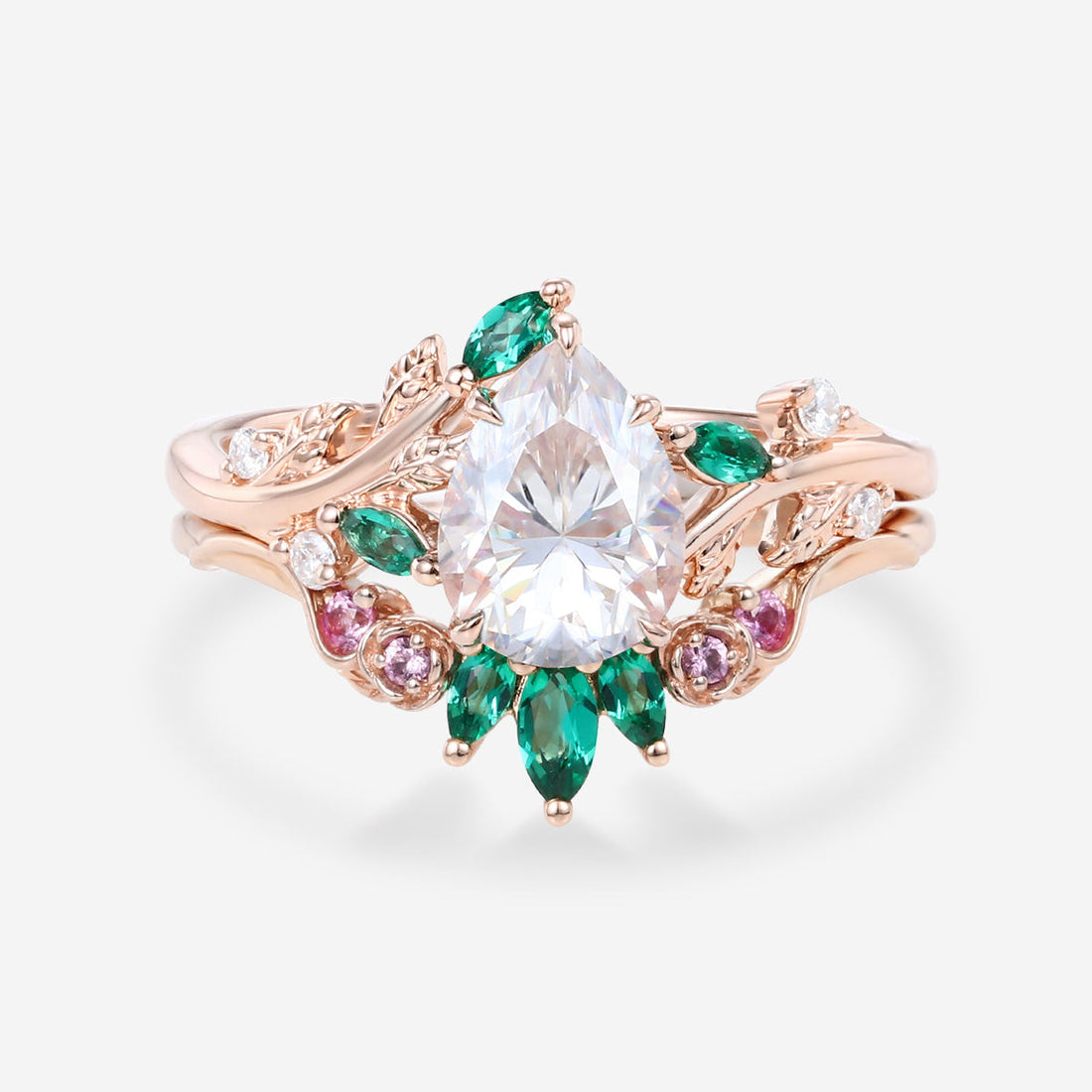 Pear Moissanite Engagement ring + Pink Sapphire | Lab Emerald Curved Wedding bridal set