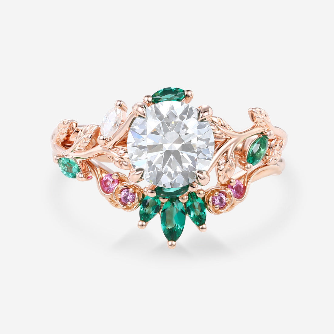Round cut Moissanite + Pink Sapphire | Lab Emerald Curved Wedding bridal set