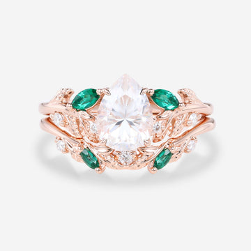 Pear cut Moissanite Engagement ring + Lab Emerald Curved Wedding bridal set