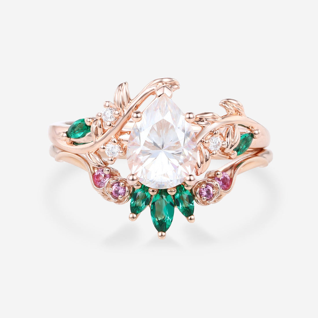 Pear Moissanite Engagement ring + Pink Sapphire | Lab Emerald Curved Wedding bridal set