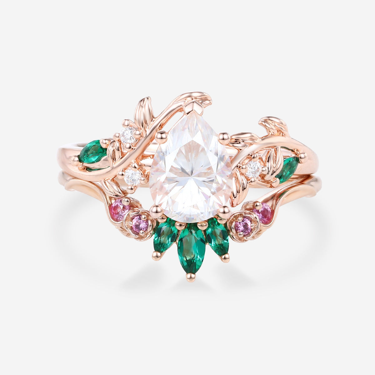 Pear Moissanite Engagement ring + Pink Sapphire | Lab Emerald Curved Wedding bridal set
