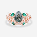 Pear cut Moss Agate Engagement ring + Lab Emerald Curved Wedding bridal set