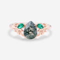 Pear cut Moss Agate + Lab Emerald Engagement Ring