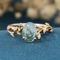 Nature Inspired Oval cut Moss Agate Leaf Gold Engagement Ring