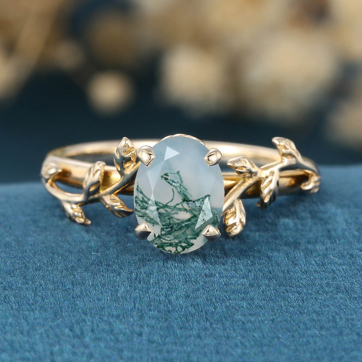 Nature Inspired Oval cut Moss Agate Leaf Gold Engagement Ring