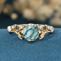 Nature Inspired Round cut Moss Agate Leaf Gold Engagement Ring