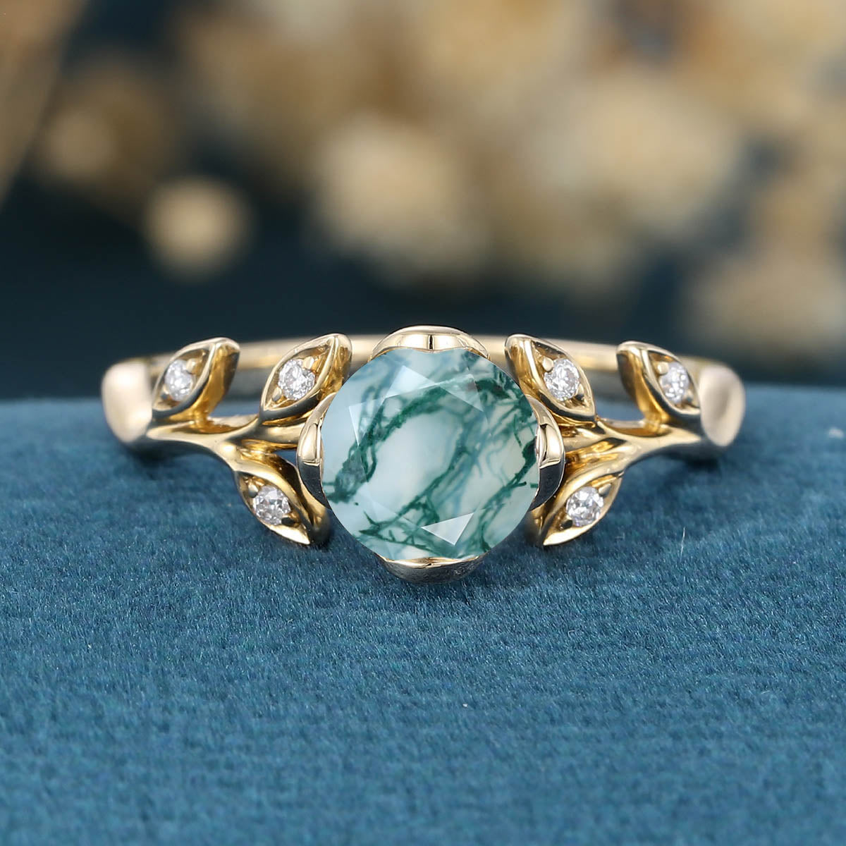 Nature Inspired Round cut Moss Agate Leaf Gold Engagement Ring