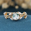 Nature Inspired Round cut Moss Agate Leaf Gold Engagement Ring