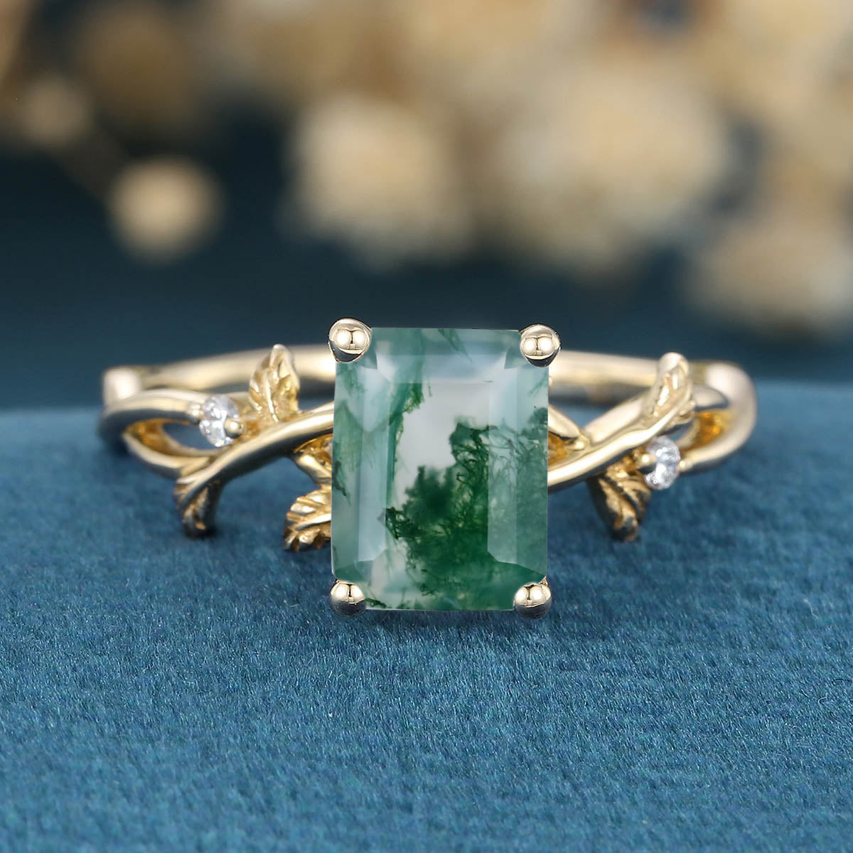 Nature Inspired Emerald cut Moss Agate Leaf Gold Engagement Ring