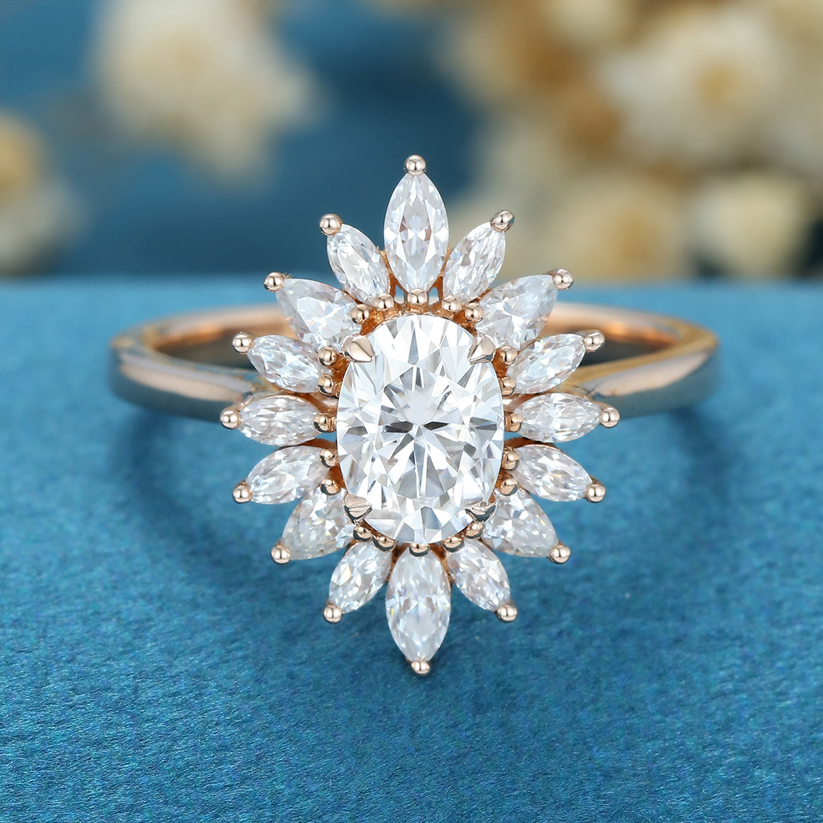 1 Carat Oval cut Moissanite Halo Cluster Engagement Ring